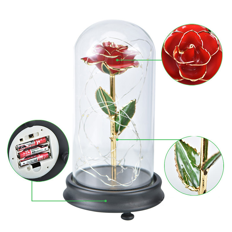 
	24K Gold Rose with LED Light Artificial Decoration Dome Wood Base Valentine&rsquo;s Gifts