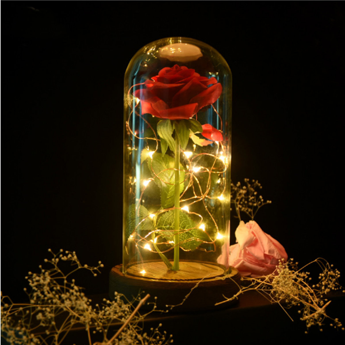 
	Christmas Decorations Beauty Enchanted Preserved Red Fresh Rose Glass Cover + LED Light