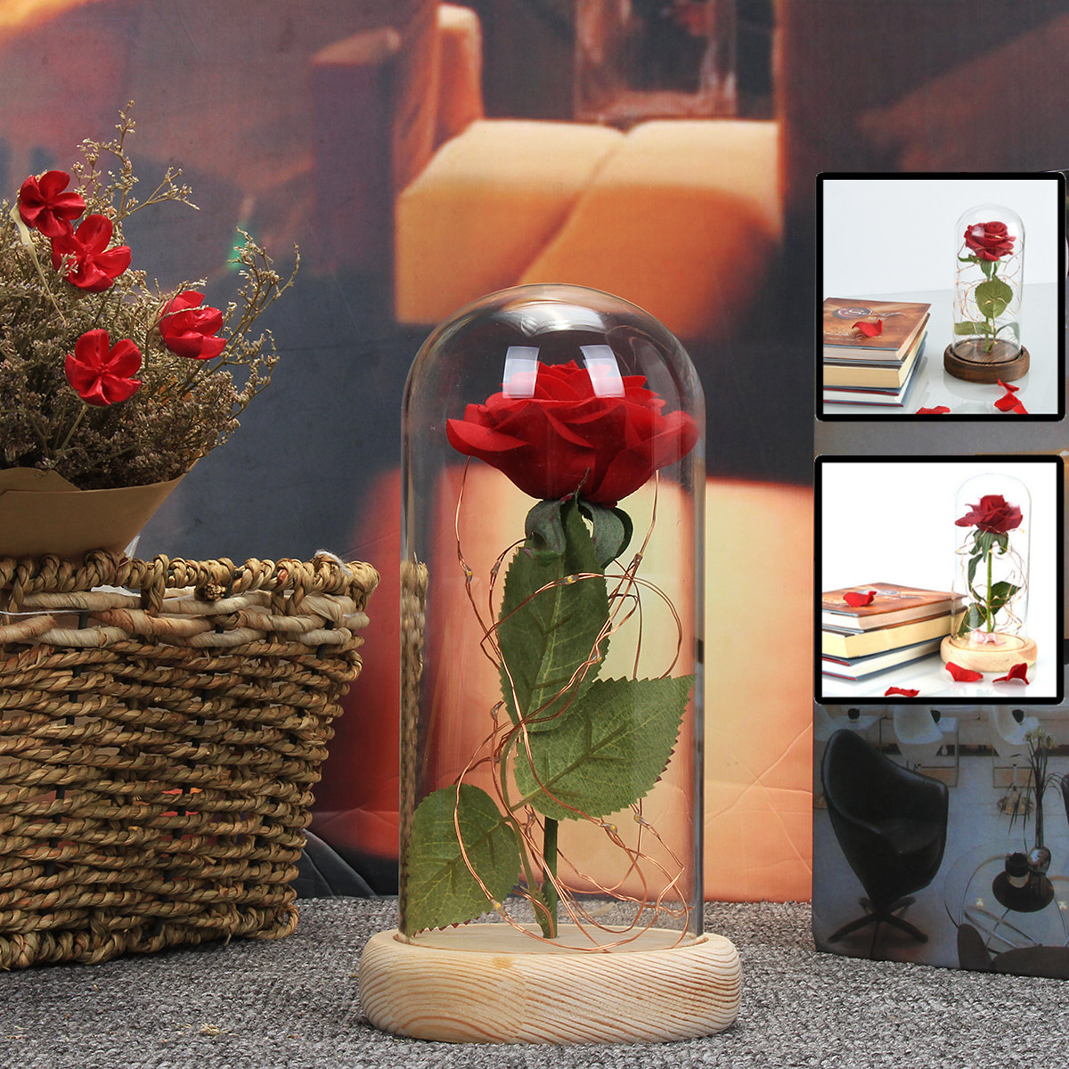 
	Christmas Decorations Beauty Enchanted Preserved Red Fresh Rose Glass Cover + LED Light