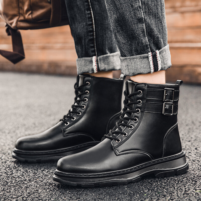 
	Men Non-Slip Pure Color Buckle PU Lace Up Casual Short Calf Boots