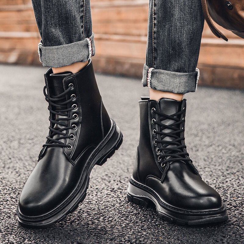 
	Men Non-Slip Pure Color Buckle PU Lace Up Casual Short Calf Boots