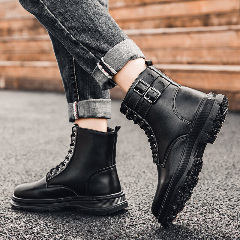 
	Men Non-Slip Pure Color Buckle PU Lace Up Casual Short Calf Boots