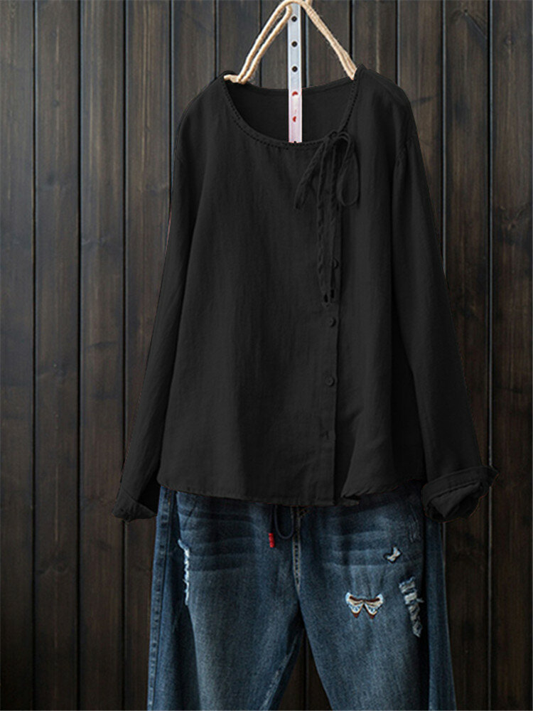 
	Front Button Crew Neck Long Sleeve Casual Shirt