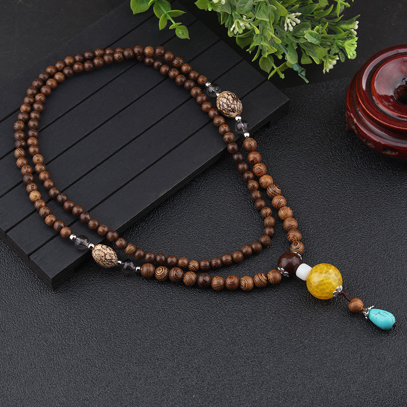 
	Ethnic Geometric Pendant Long Necklace Jade Agate Handmade String Beads Long Necklace