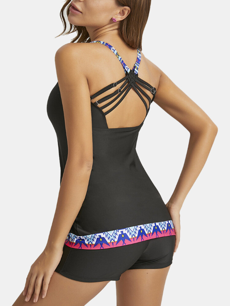 
	Plus Size Women Ethnic Pattern Patchwork Beauty Back Strappy Tankinis Swimsuit
