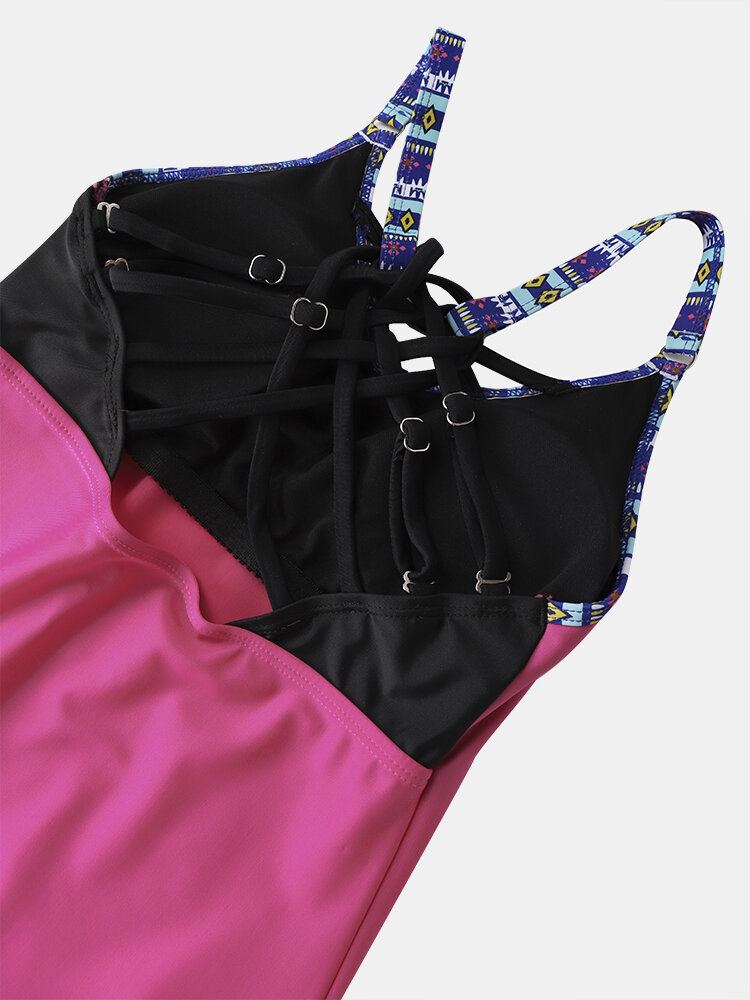 
	Plus Size Women Ethnic Pattern Patchwork Beauty Back Strappy Tankinis Swimsuit