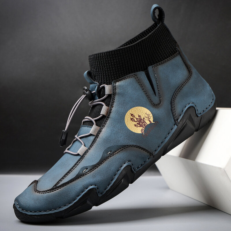 
	Menico Men Cow Leather Splicing Non Slip Elastic Lace Soft Sole Casual Boots