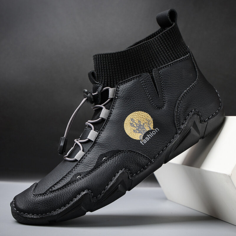 
	Menico Men Cow Leather Splicing Non Slip Elastic Lace Soft Sole Casual Boots