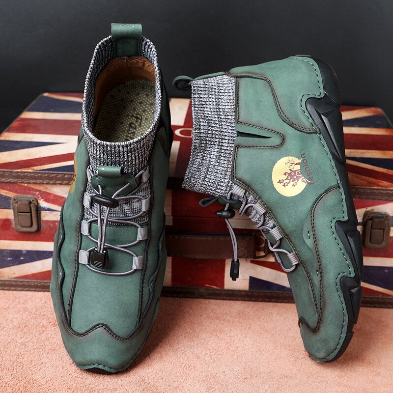 
	Menico Men Cow Leather Splicing Non Slip Elastic Lace Soft Sole Casual Boots