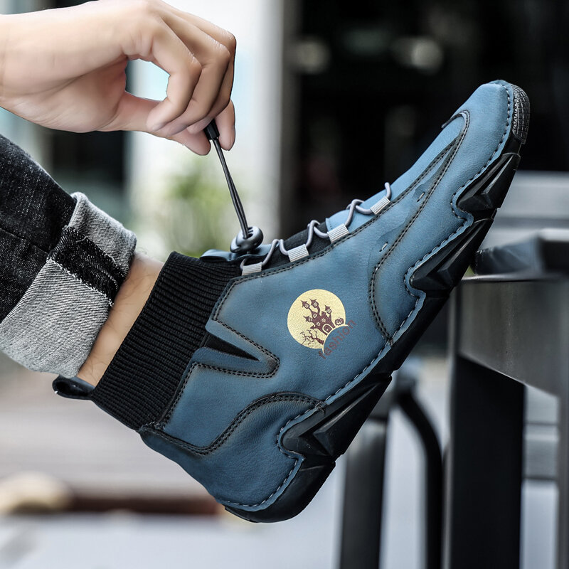 
	Menico Men Cow Leather Splicing Non Slip Elastic Lace Soft Sole Casual Boots