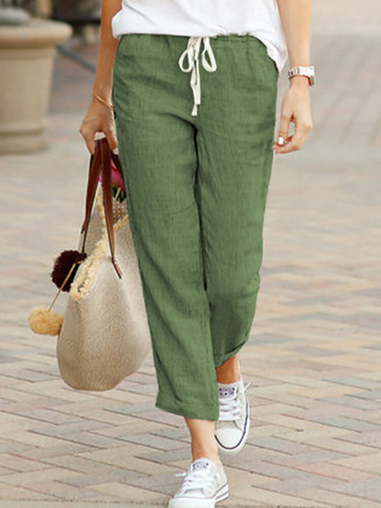 
	Solid Color Casual Drawstring Elastic Waist Soft Cotton Pants