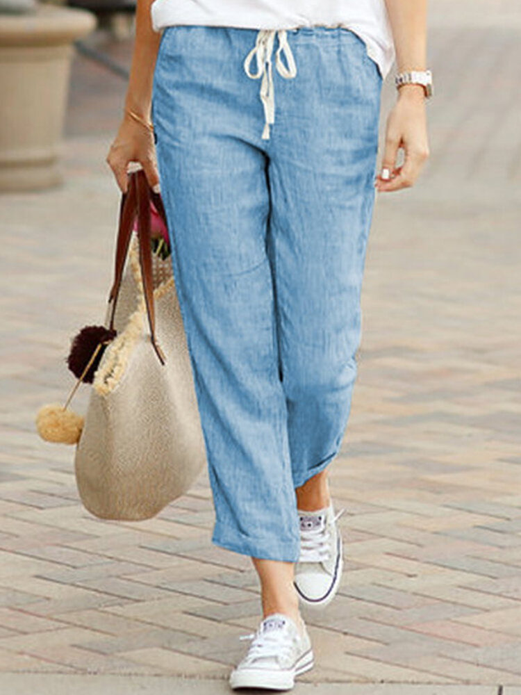 
	Solid Color Casual Drawstring Elastic Waist Soft Cotton Pants