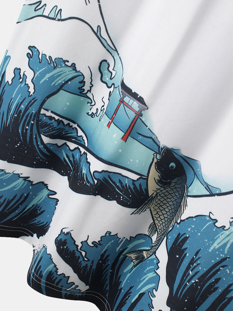 
	Mens Cartoon Wave Fish Print Short Sleeve White Ukiyoe T-Shirt