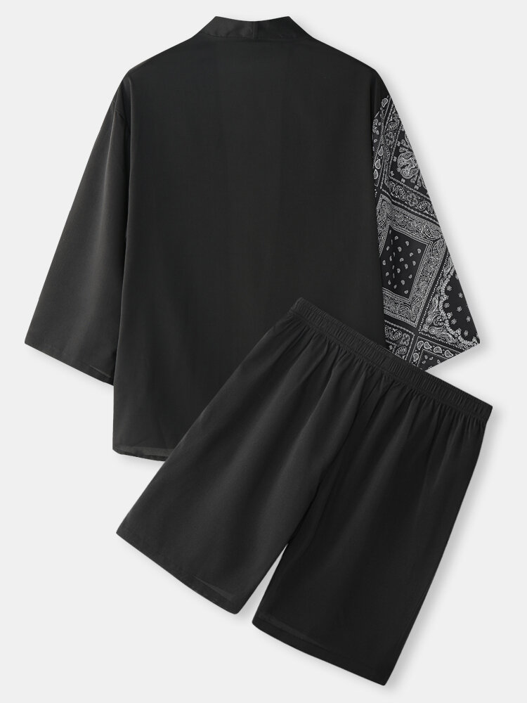 
	Mens Paisley Scarf Japanese Print Open Front Kimono Two Pieces Outfits