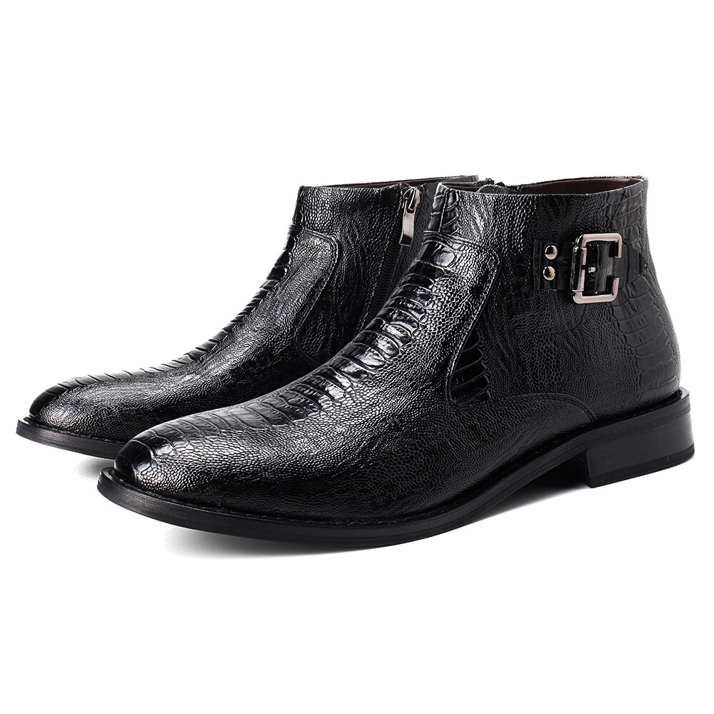 
	Men Cow Leather Non Slip Metal Buckle Crocodile Pattern Casual Boots