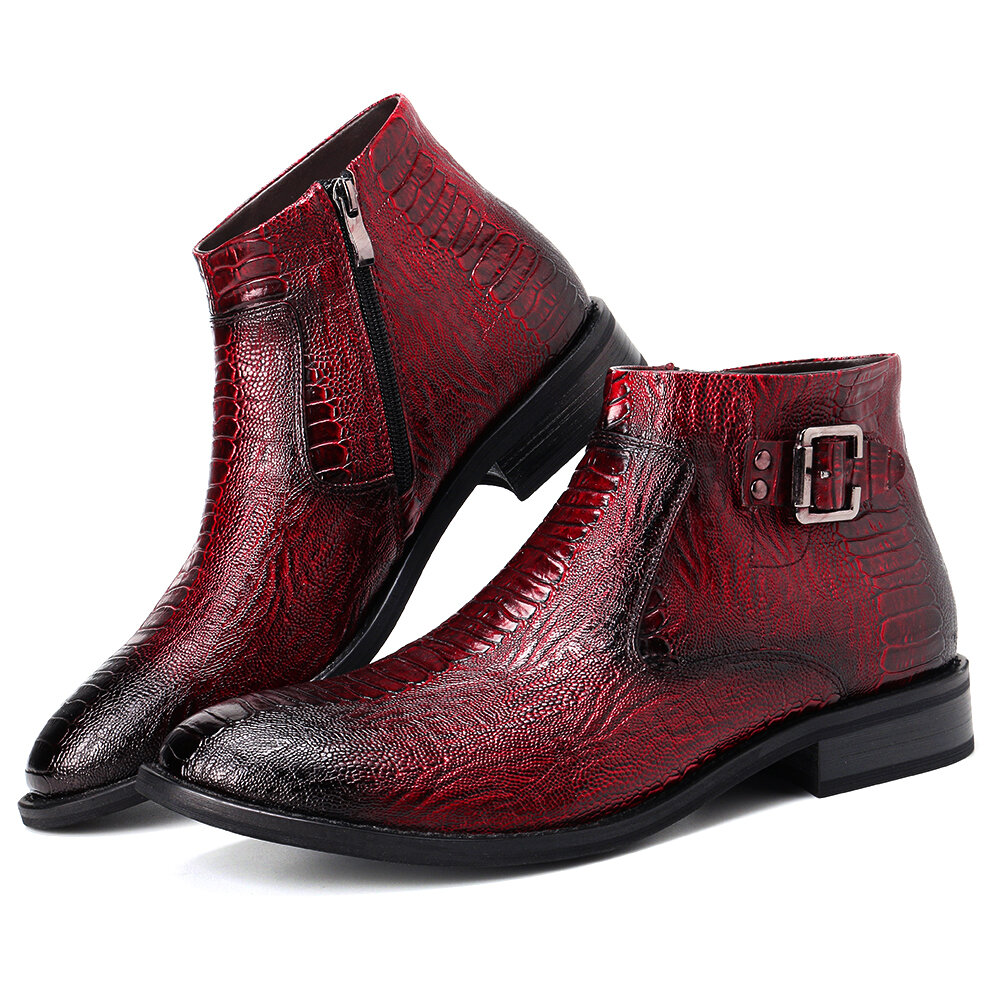 
	Men Cow Leather Non Slip Metal Buckle Crocodile Pattern Casual Boots