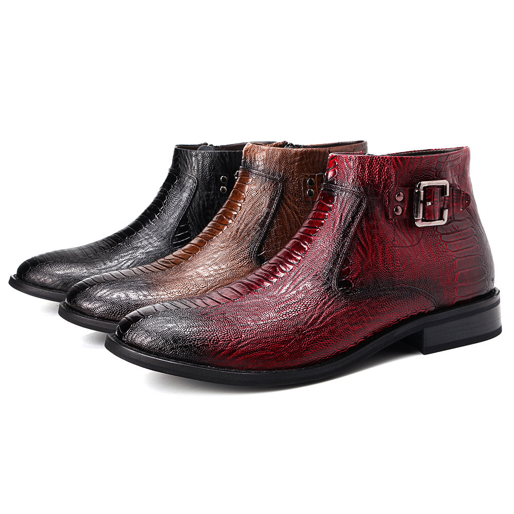 
	Men Cow Leather Non Slip Metal Buckle Crocodile Pattern Casual Boots