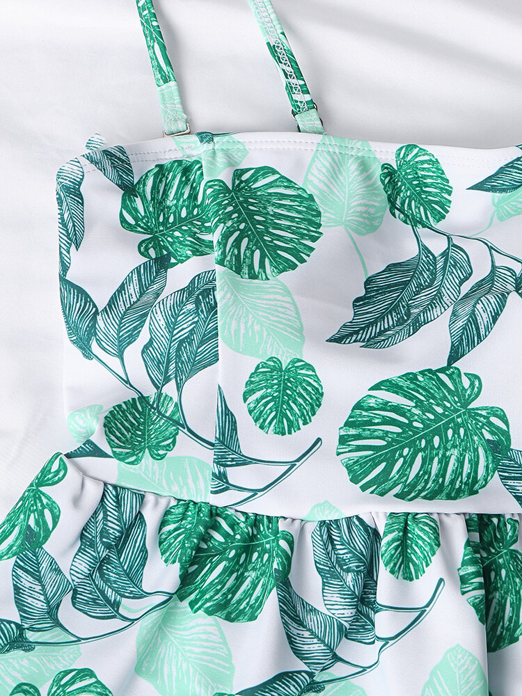 
	Women Leaf Print Ruffle Cover Belly Peplum Tankinis Swimsuit