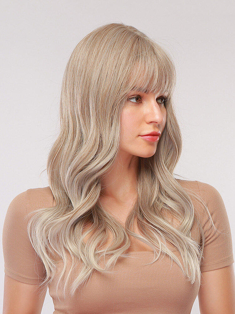 
	26 Inches Light Brown Golden Long Wavy Curly Hair With Air Bangs Natural Elegant Curly Synthetic Wig For Daily Use