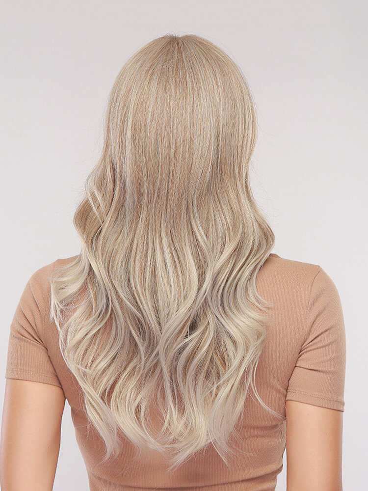 
	26 Inches Light Brown Golden Long Wavy Curly Hair With Air Bangs Natural Elegant Curly Synthetic Wig For Daily Use
