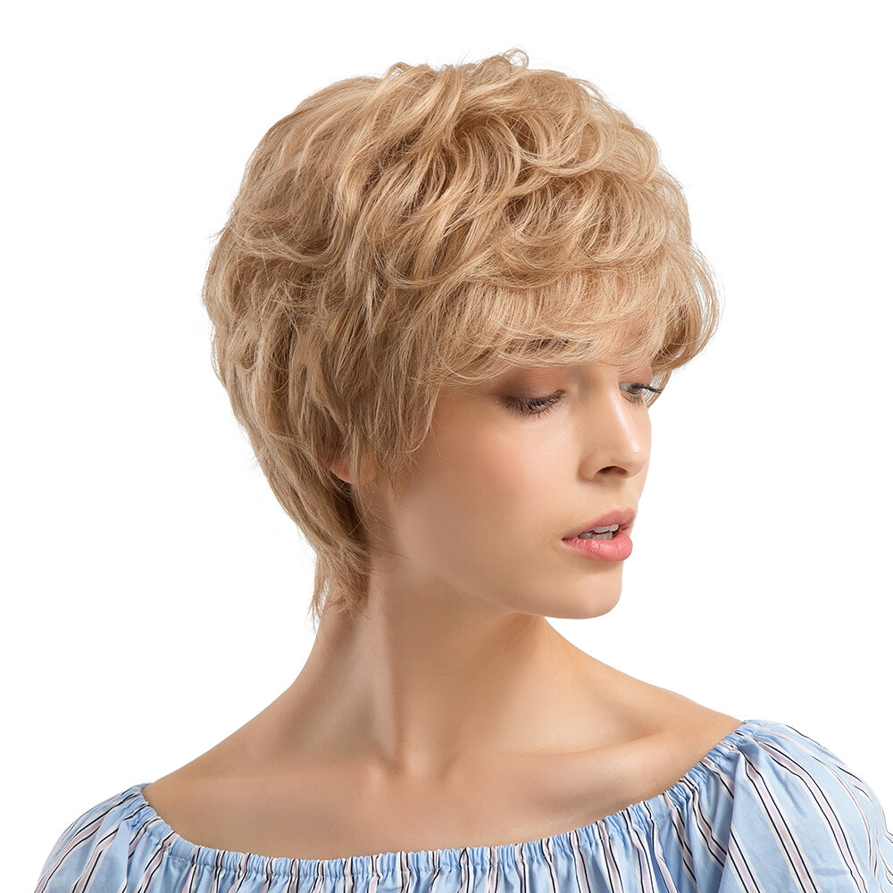 
	Human Hair Short Wigs Fashion Gold Short Curly Hair Wigs Full Bangs Hair Hearwear For Women