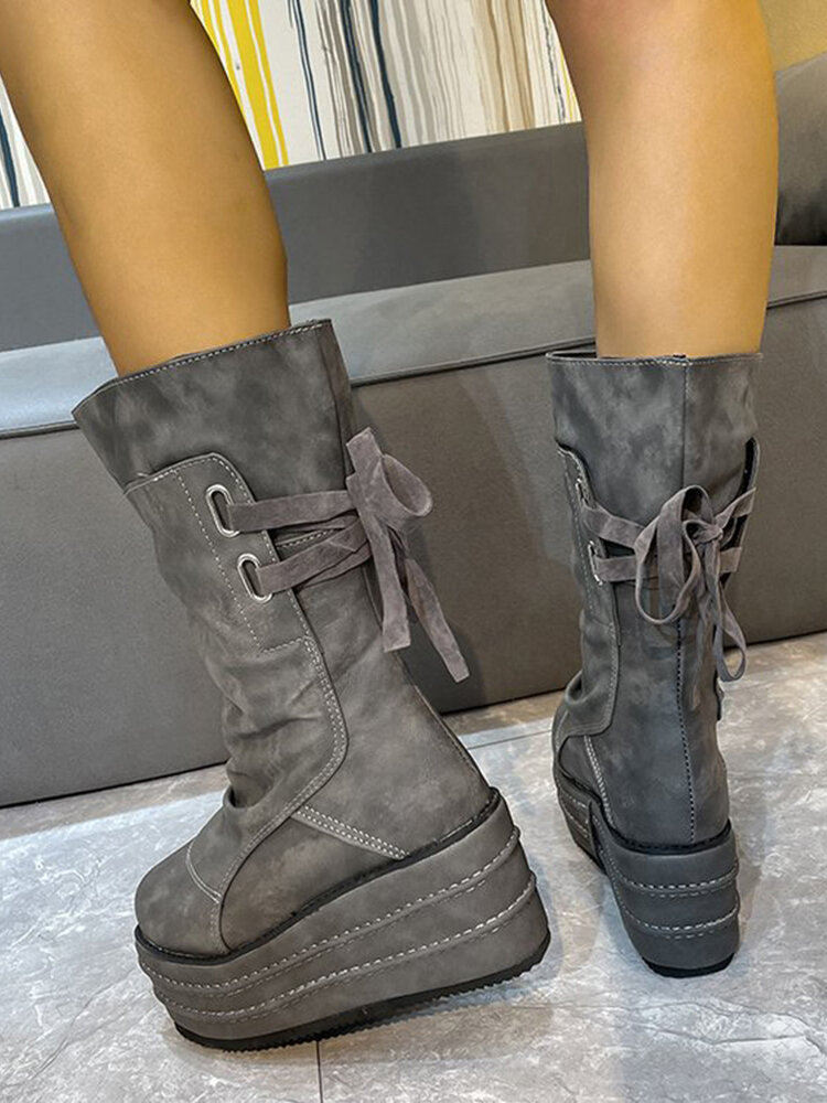 
	Large Size Women Casual Back Lace-up Comfy Platform Mid Calf Boots