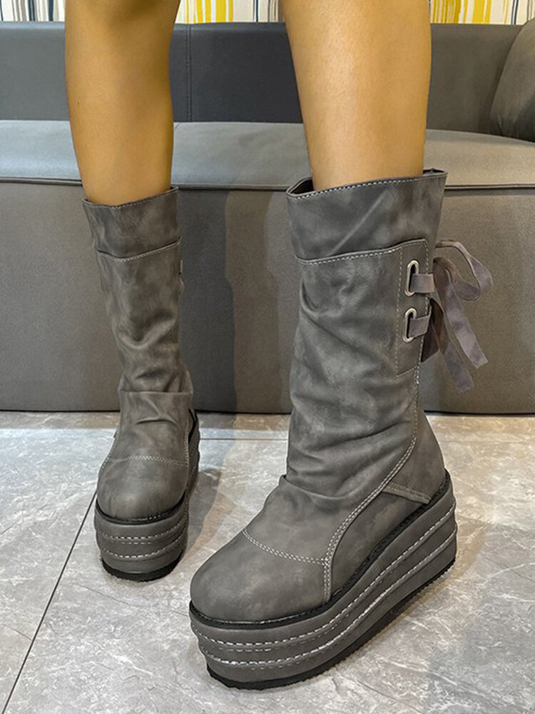 
	Large Size Women Casual Back Lace-up Comfy Platform Mid Calf Boots