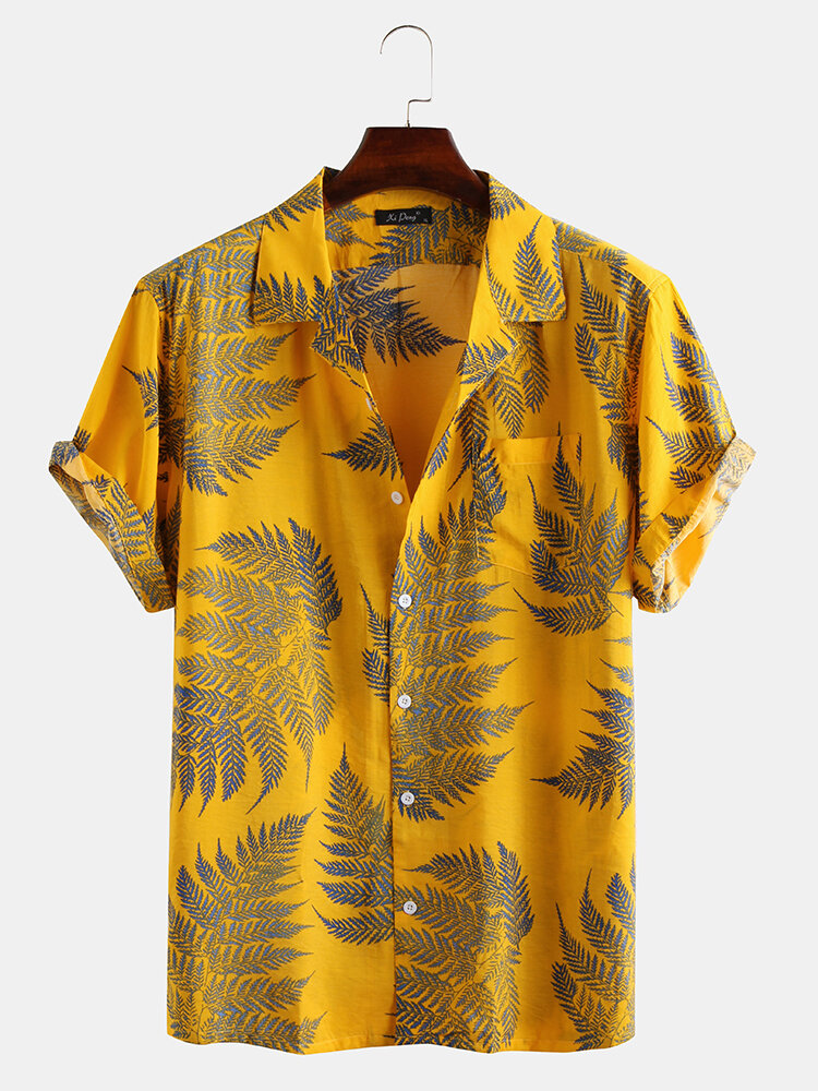 
	Mens 100% Cotton Leaf Printed Chest Pocket Turn Down Collar Short Sleeve Shirts
