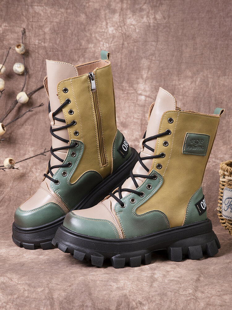 
	Women Casual Colorblock Side Zipper Comfy Platform Tooling Boots