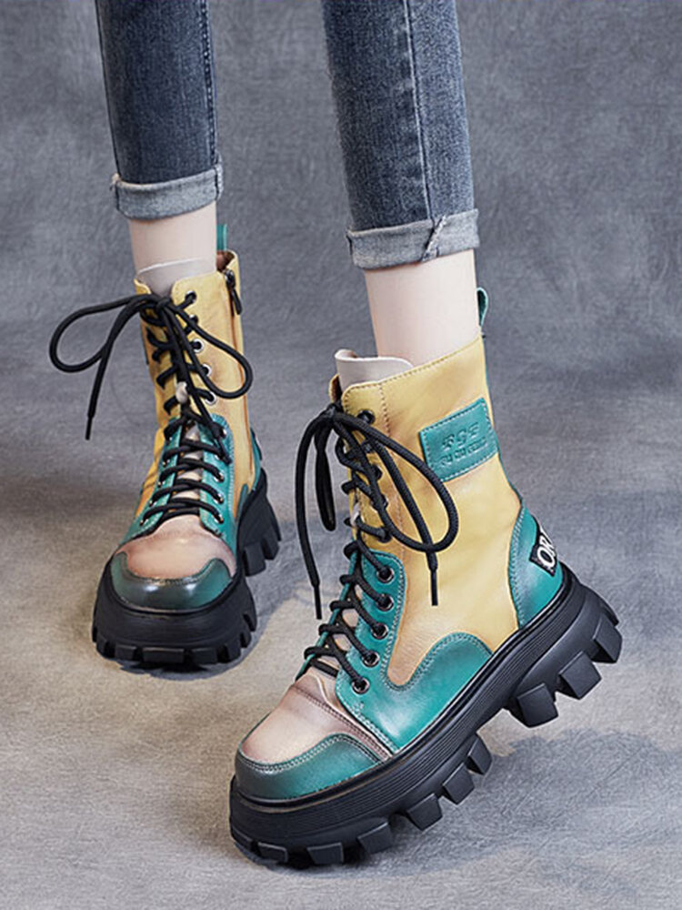 
	Women Casual Colorblock Side Zipper Comfy Platform Tooling Boots