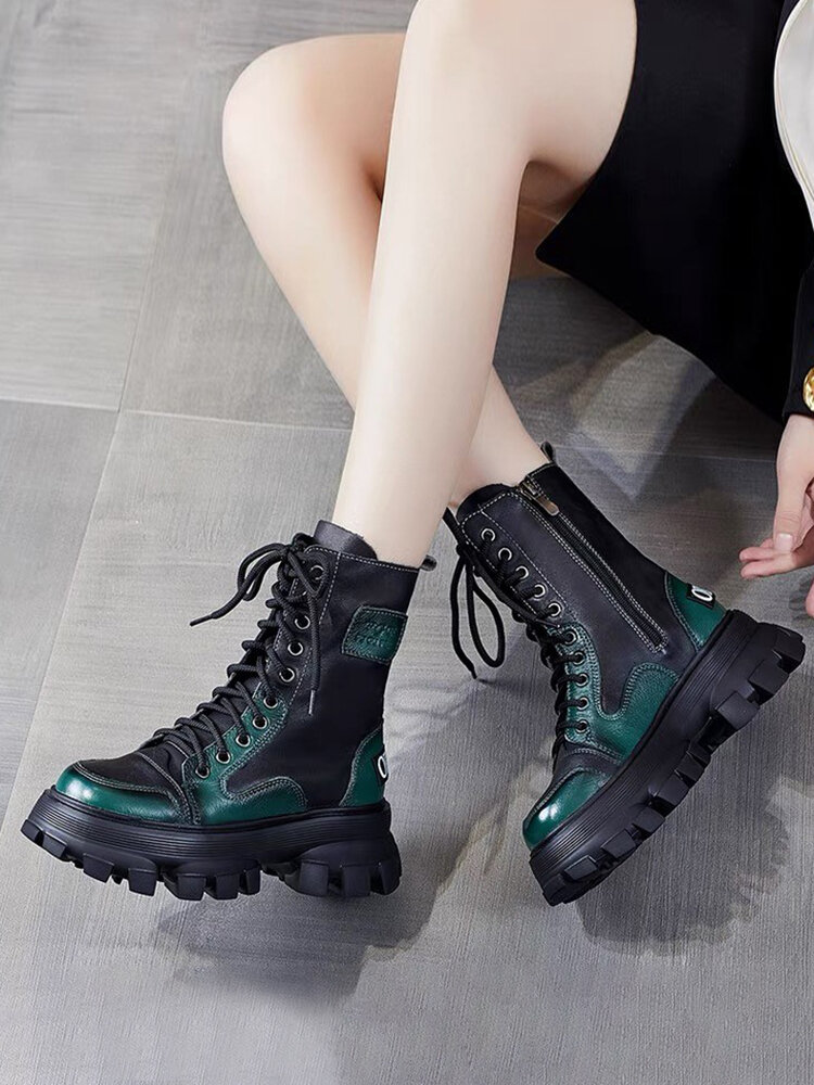
	Women Casual Colorblock Side Zipper Comfy Platform Tooling Boots