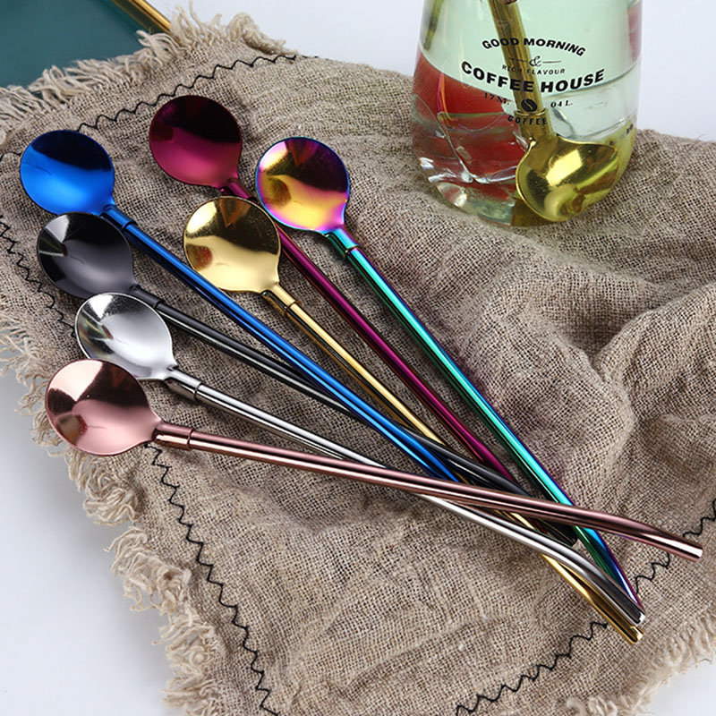 
	Colorful Reusable 2 In 1 Drinking Straws Spoon Stainless Steel Metal Straws Cocktail Milk Coffee
