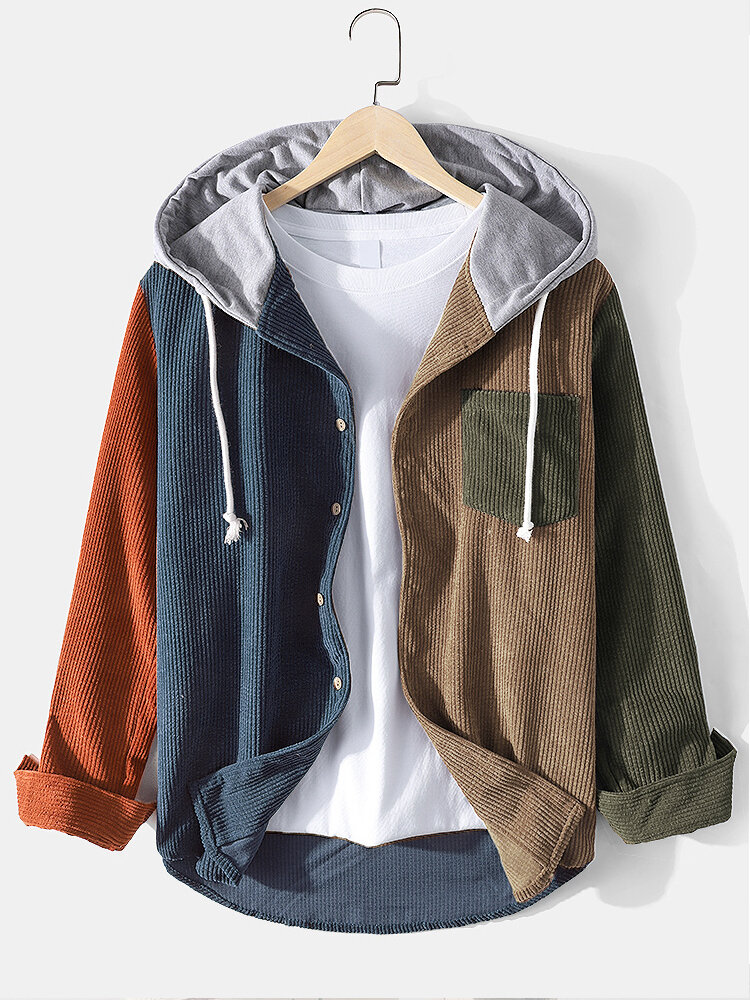 
	Mens Corduroy Colorblock Stitching Drawstring Hooded Shirt With Pocket