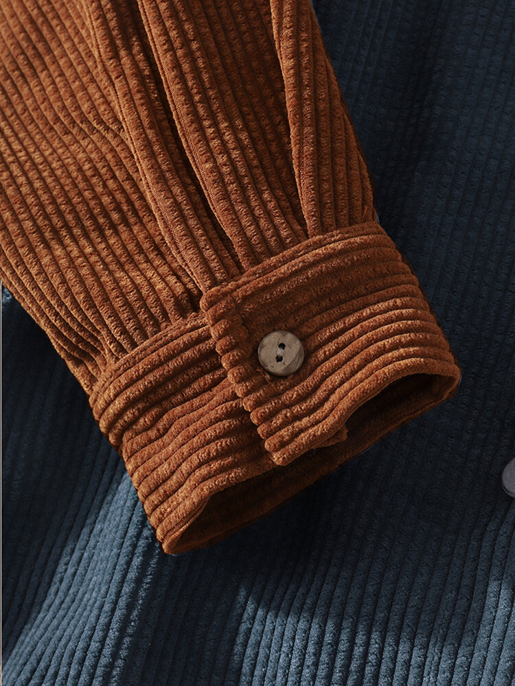 
	Mens Corduroy Colorblock Stitching Drawstring Hooded Shirt With Pocket