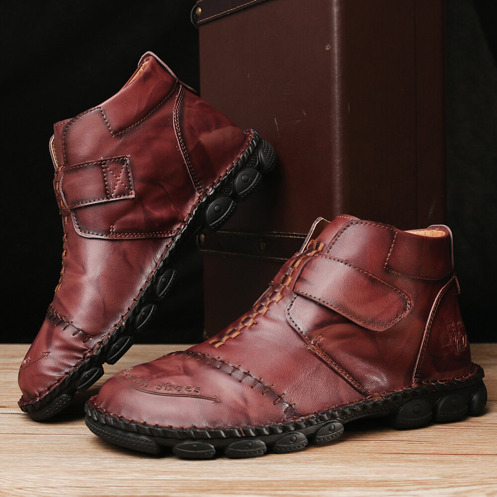 
	Men Hand Stitching Comfort Soft Hook Loop Leather Ankle Boots