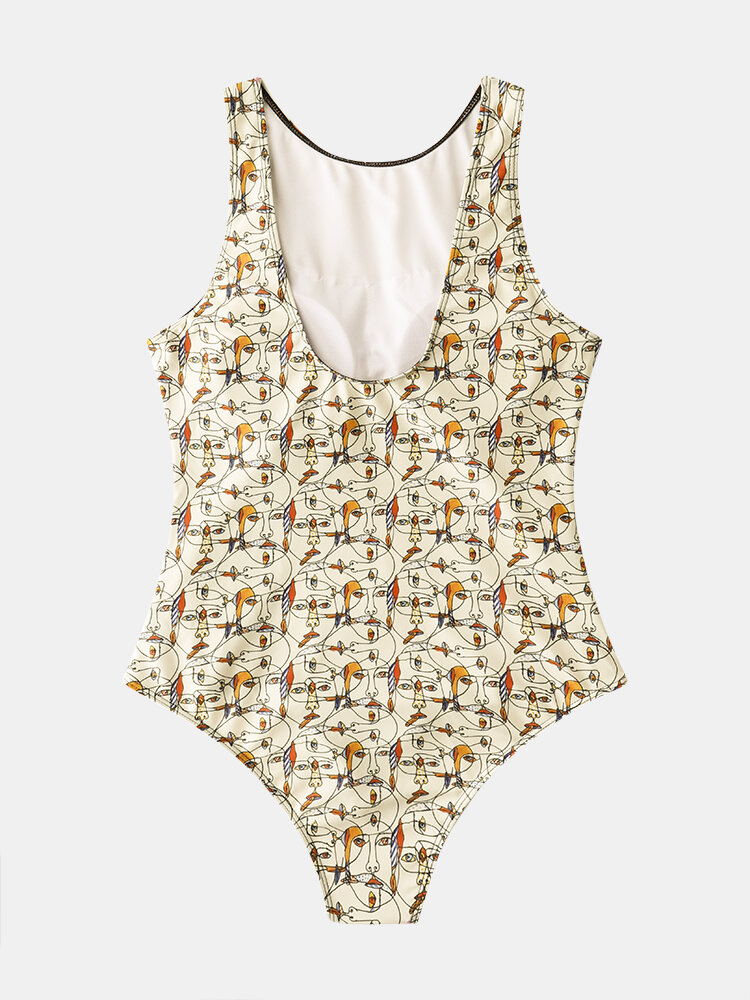 
	Women Abstract Face Line Drawing Print High Neck Sleeveless One Piece Slimming Swimwear