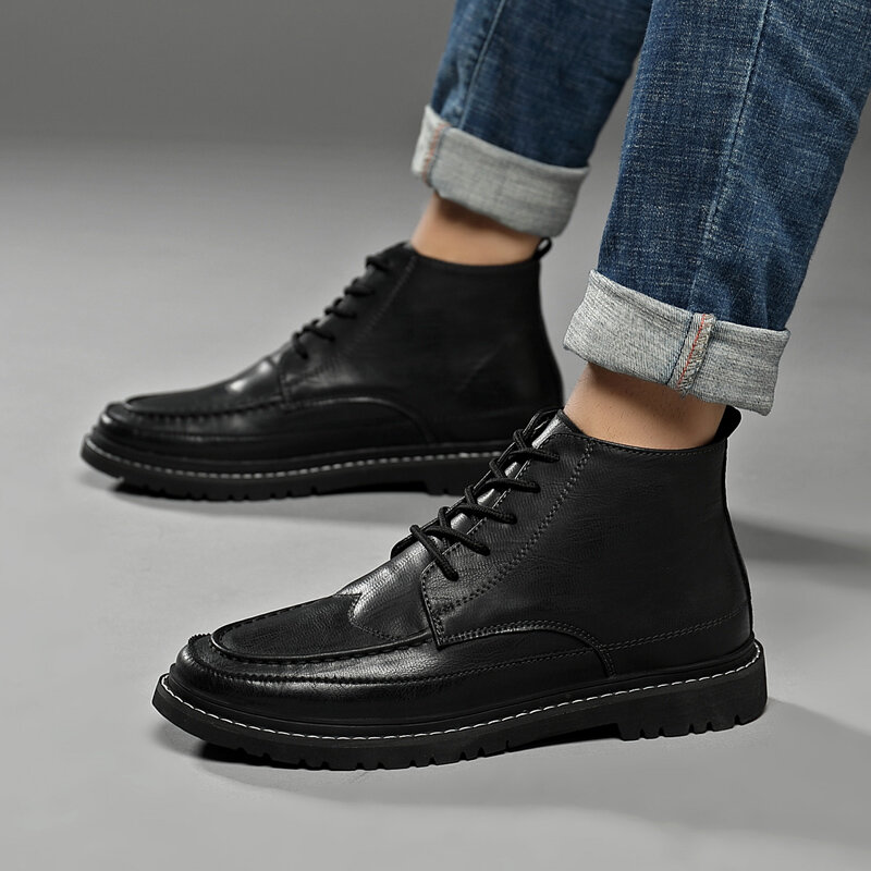 
	Men British Style Round Toe Lace Up Leather Ankle Boots