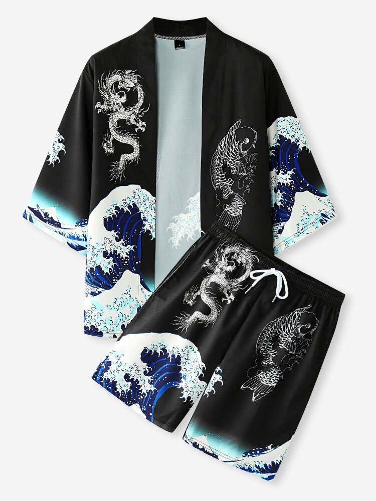 
	Mens Wave Koi Ukiyoe Print Kimono Japanese Style Two Pieces Outfits