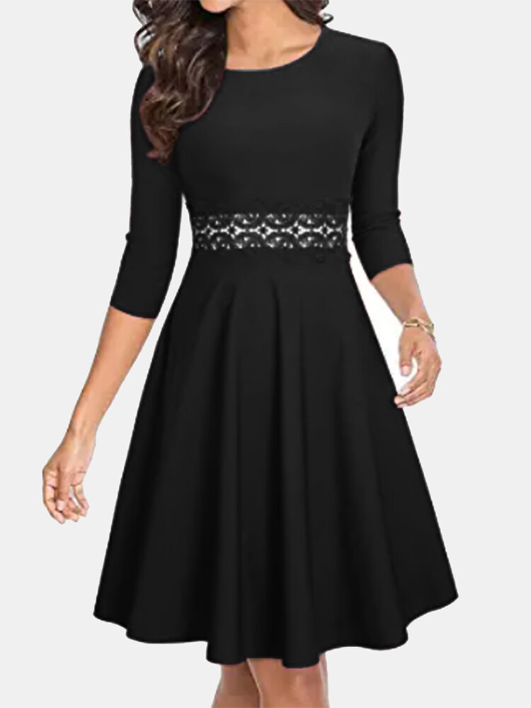
	Vintage Long Sleeve O-neck Midi Dress For Women