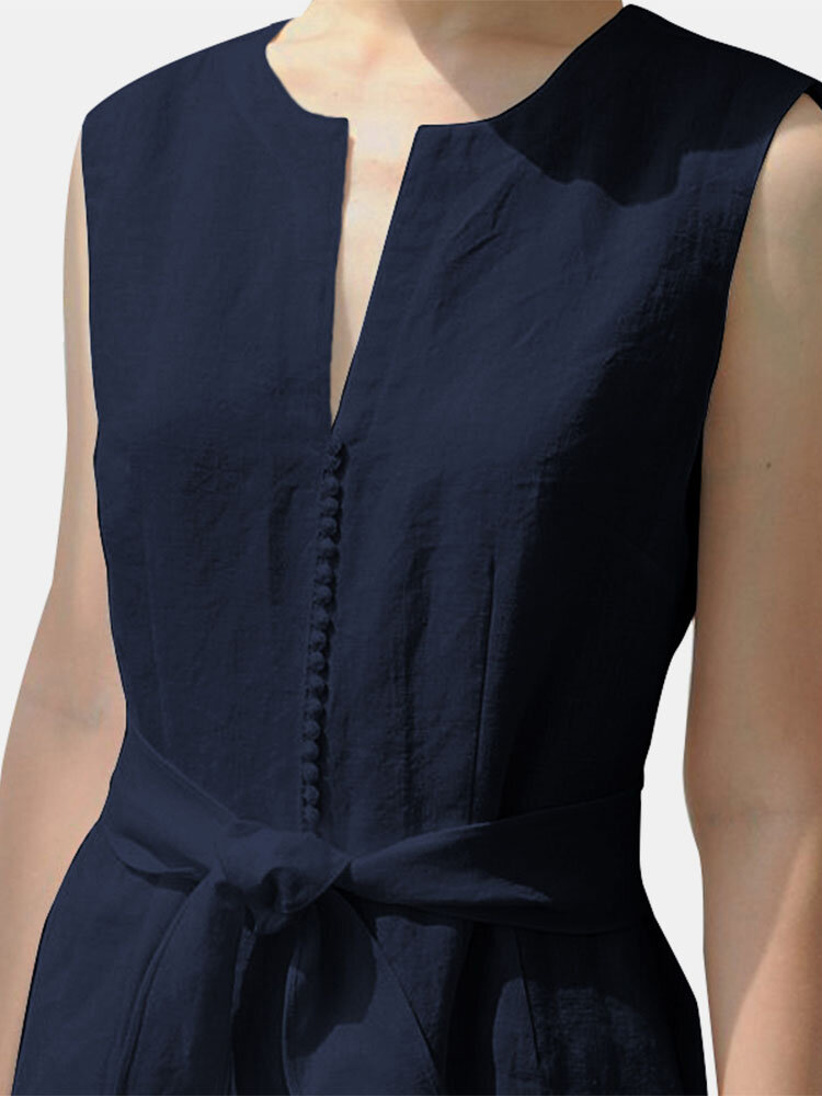 
	Lace Patch Round V-neck Sleeveles Cotton Dress With Belt