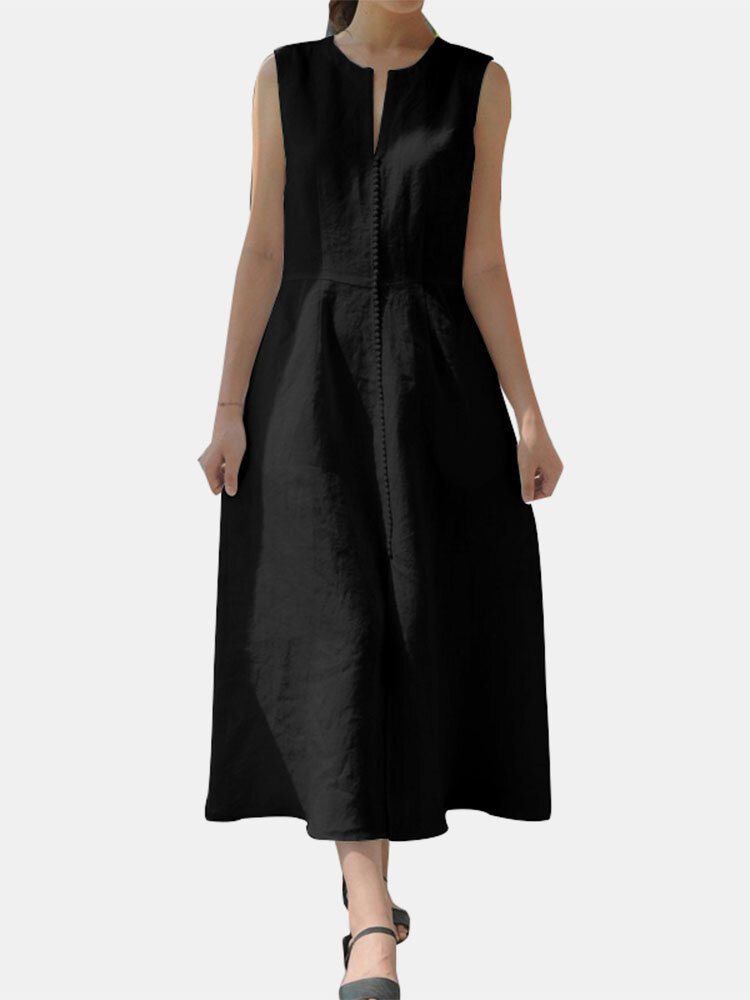 
	Lace Patch Round V-neck Sleeveles Cotton Dress With Belt