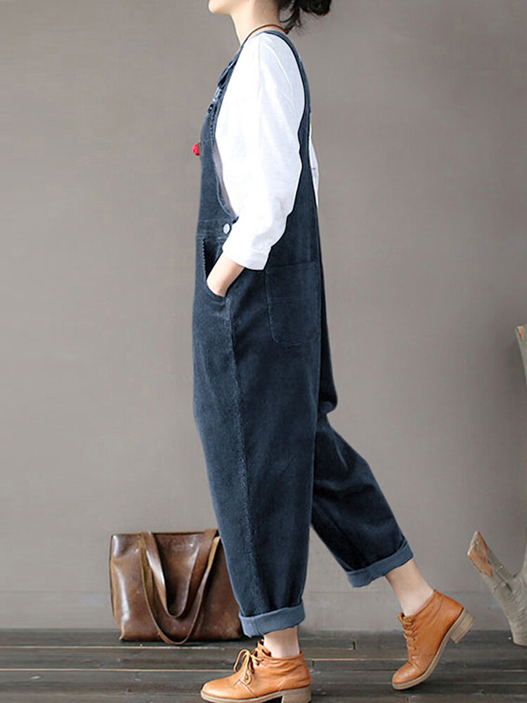 
	Solid Color Button Pockets Sleeveless Corduroy Jumpsuits