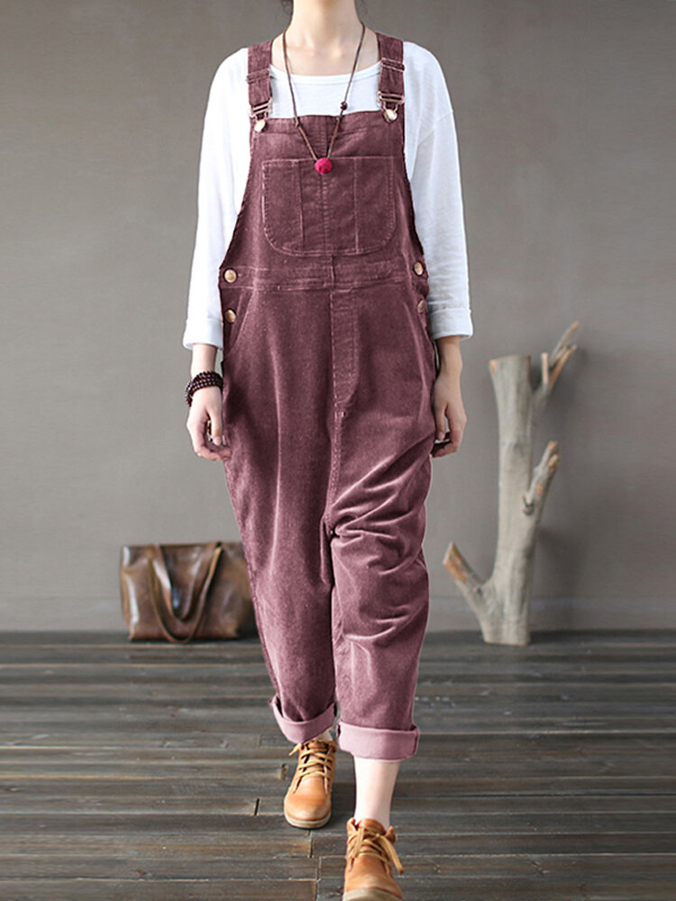 
	Solid Color Button Pockets Sleeveless Corduroy Jumpsuits