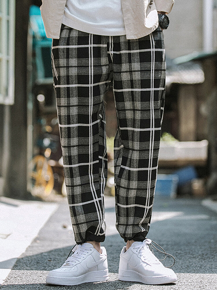 
	Mens 100% Cotton Tartan Plaid Multi-Pocket Loose Elastic Waist Cargo Pants