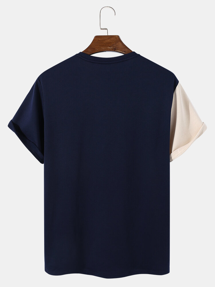 
	Mens Tricolor Patchwork Crew Neck Short Sleeve Preppy T-Shirt