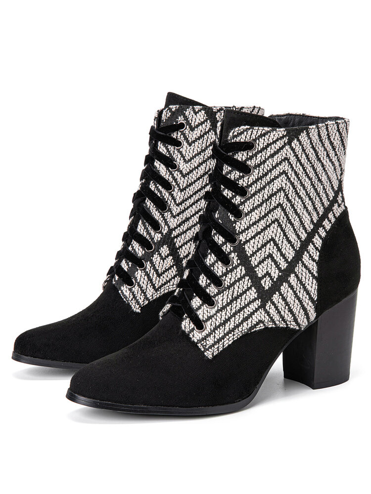 
	Large Size Women Casual Black & White Chevron Pattern Comfy Side-zip Heeled Boots