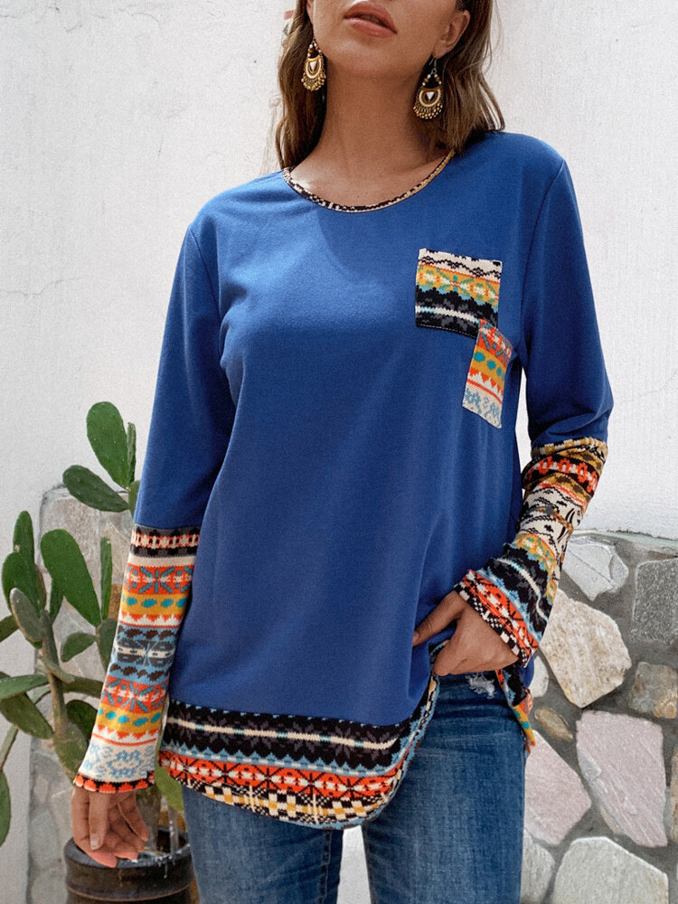 
	Patchwork Crewneck Long Sleeve Casual Plus Size Blouse