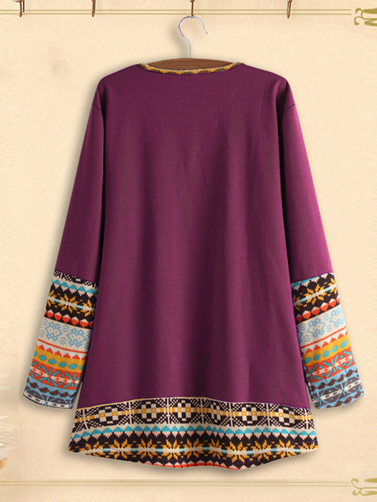 
	Patchwork Crewneck Long Sleeve Casual Plus Size Blouse