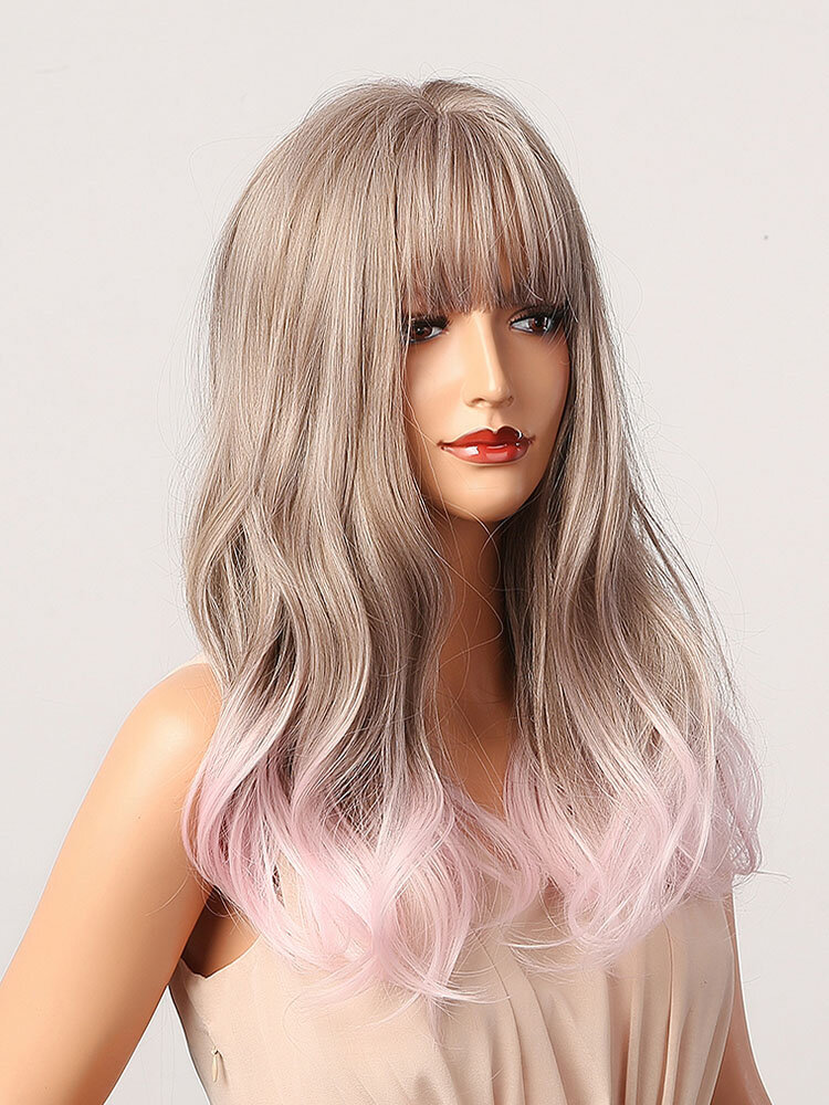 
	Gray-Pink Mid-length Wavy Curly Hair With Air Bangs Natural Curly Fashion Synthetic Wig For Daily Use And Masquerade