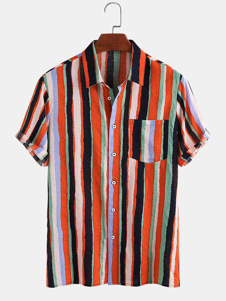
	Mens Cotton Breathable Colorful Striped Short Sleeve Shirts